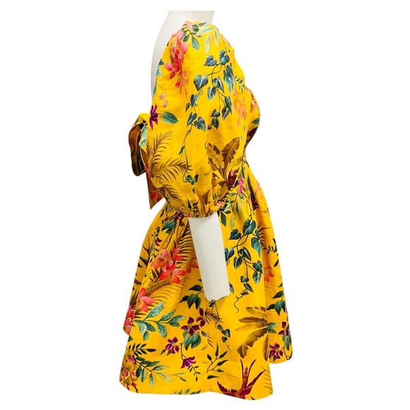 ZIMMERMANN YELLOW MULTI TROPICANA FLORAL PRINTED LINEN CUT OUT MINI DRESS - Picture 2 of 5